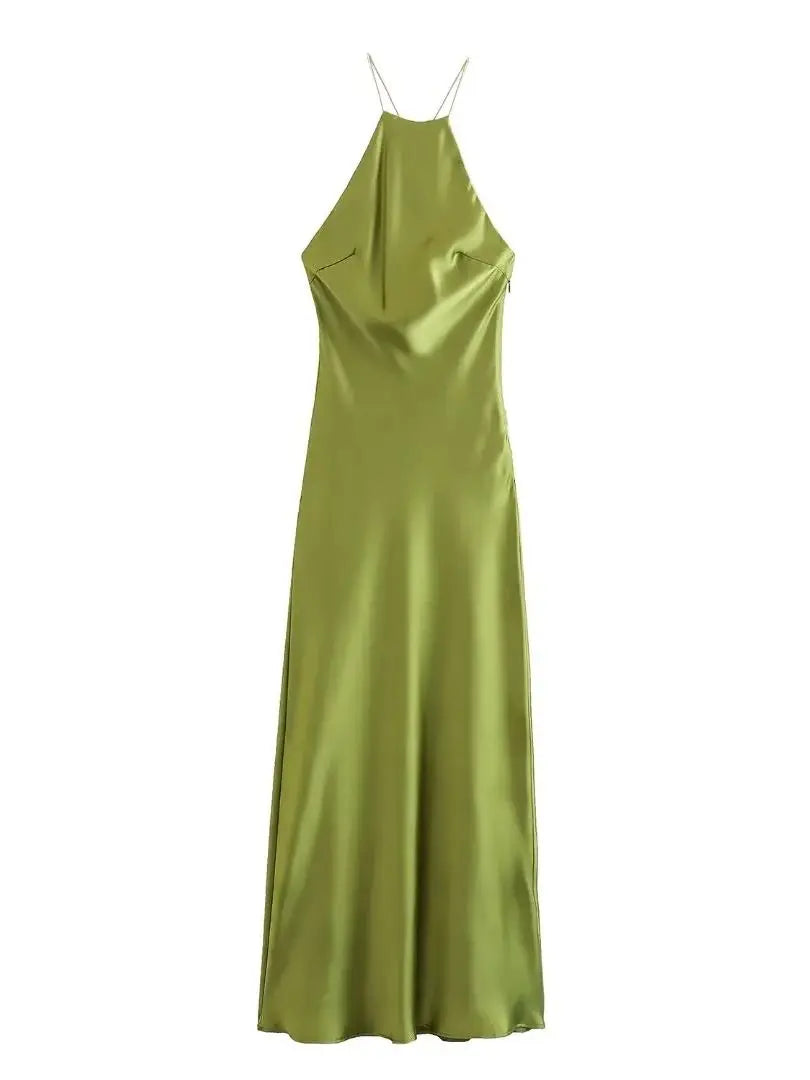 Elegant Dresses- Women's Elegant Backless Halter Slip Midi Dress in Satin- B- Chuzko Women Clothing