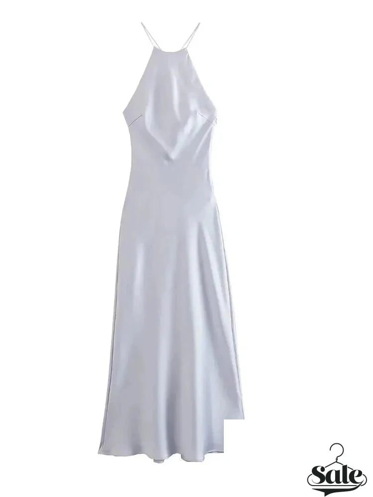 Elegant Dresses- Women's Elegant Backless Halter Slip Midi Dress in Satin- - Chuzko Women Clothing