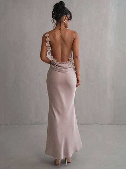 Elegant Dresses- Women's Elegant Cowl Neck Mermaid Dress - Draped Backless Gown- Apricot- Chuzko Women Clothing