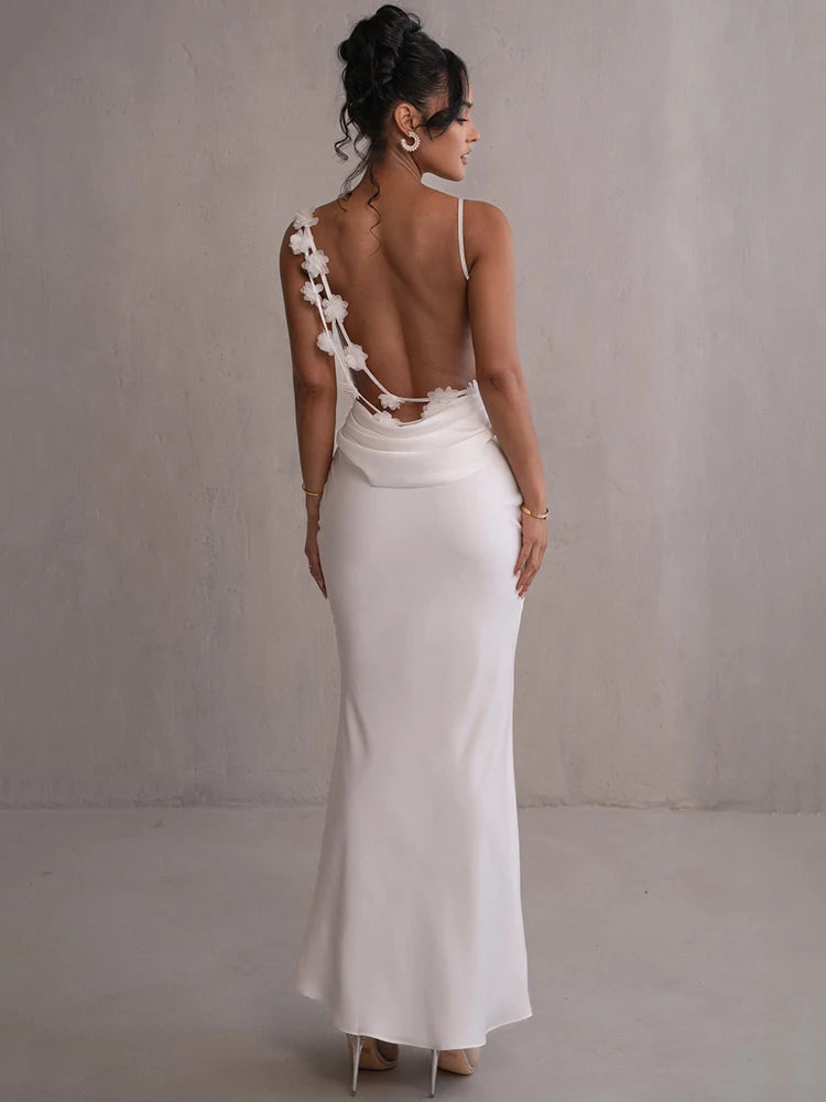 Elegant Dresses- Women's Elegant Cowl Neck Mermaid Dress - Draped Backless Gown- White- Chuzko Women Clothing