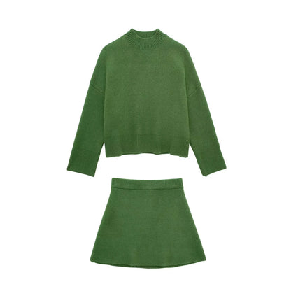 Fall Outfits- Green Cozy Set Oversized High Neck Sweater and Mini Skirt for Autumn- green suit- Chuzko Women Clothing