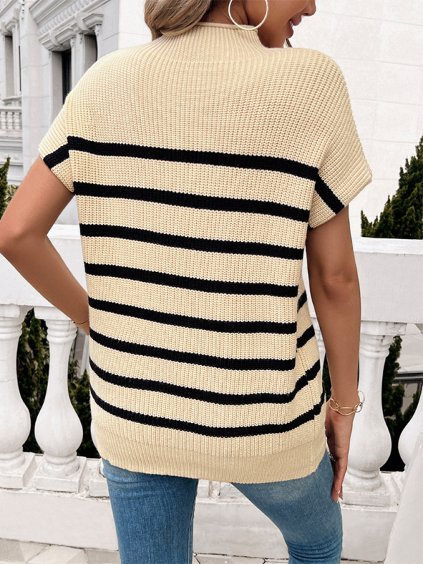 Fall Sweaters- Women's Fall Striped Knit High Neck Sweater Top- - Chuzko Women Clothing