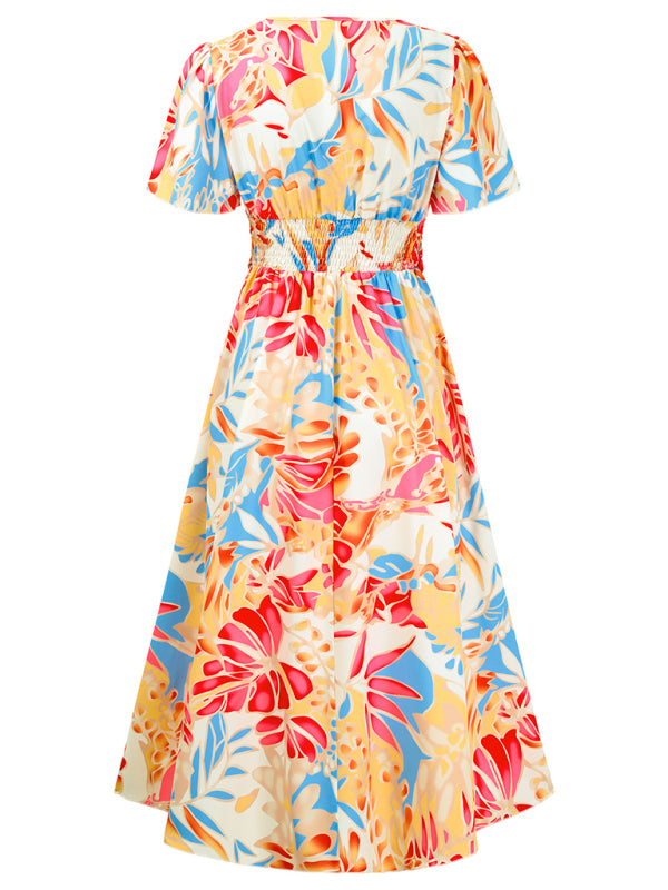 Floral Dresses- Boho Women's Floral Print Midi Dress with Smocked Waistband- - Chuzko Women Clothing