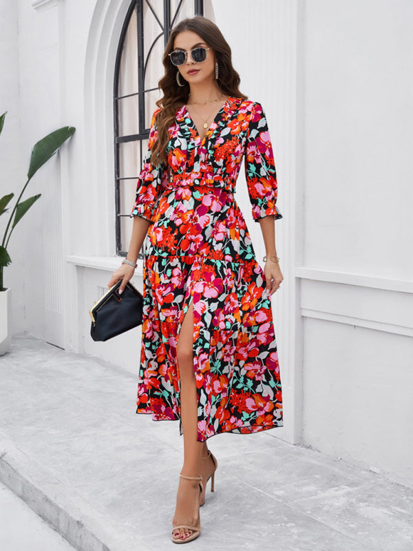 Floral Dresses- Cocktail Attire V-Neck Floral Dress with 3/4 Sleeves and Slit- - Chuzko Women Clothing
