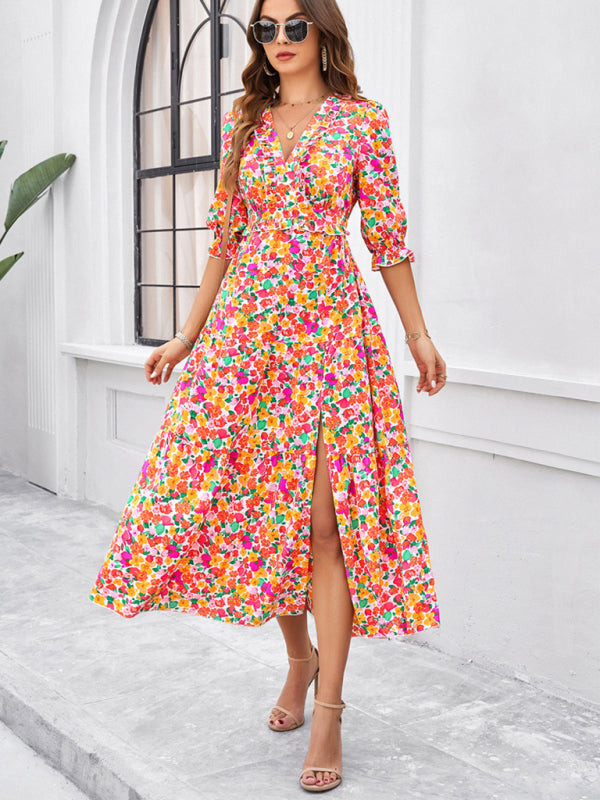 Floral Dresses- Cocktail Attire V-Neck Floral Dress with 3/4 Sleeves and Slit- - Chuzko Women Clothing