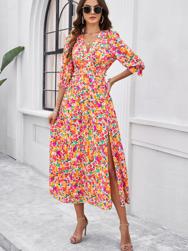 Floral Dresses- Cocktail Attire V-Neck Floral Dress with 3/4 Sleeves and Slit- Pink- Chuzko Women Clothing