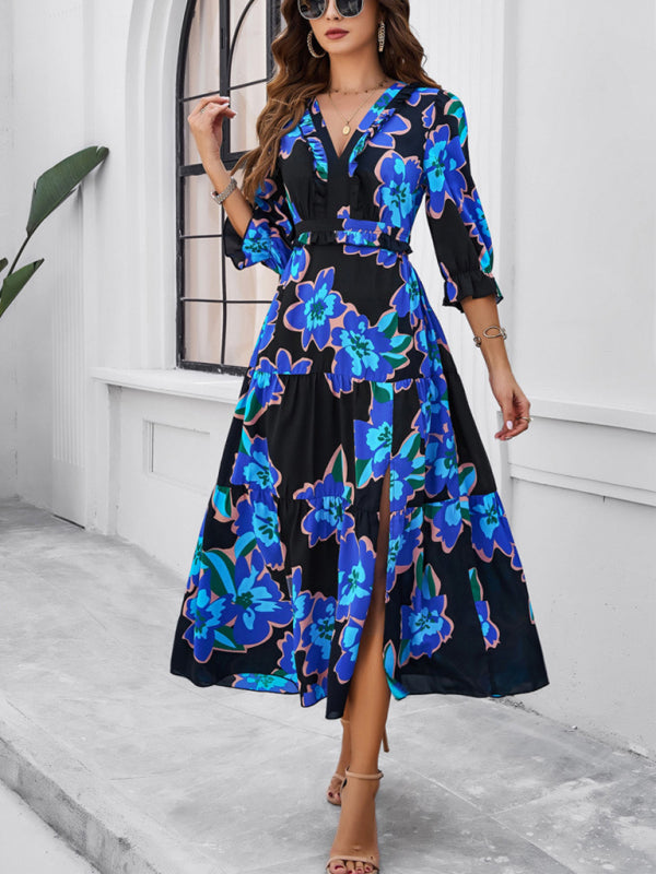 Floral Dresses- Cocktail Attire V-Neck Floral Dress with 3/4 Sleeves and Slit- Black- Chuzko Women Clothing