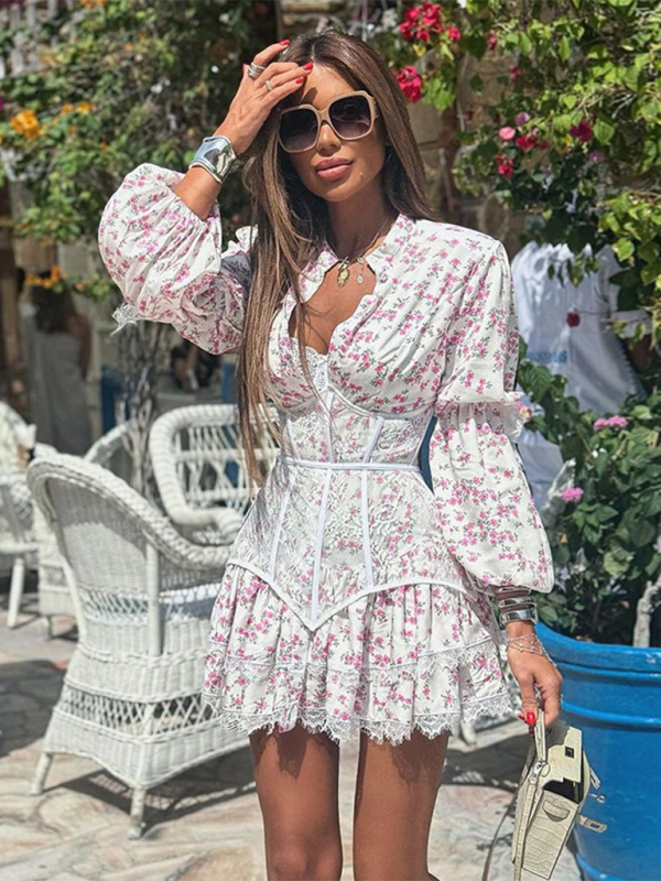 Floral Dresses- Floral Lace Cinched Lace-Up Back Mini Dress with Puff Sleeves- - Chuzko Women Clothing