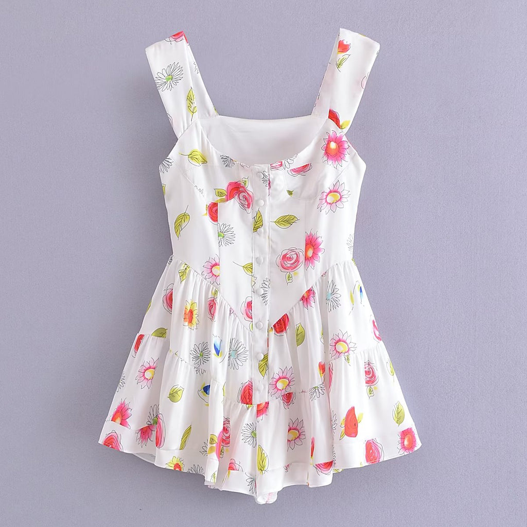 Floral Mini Dress with Button Down Closure - Double Layer Romper Floral Dresses - Chuzko Women Clothing