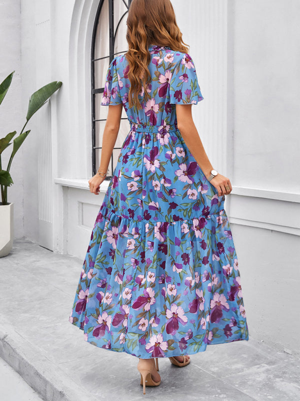 Floral Dresses- Floral V-Neck Midi Dress with Flared Sleeves & Smocked Waist- - Chuzko Women Clothing