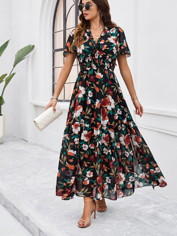 Floral Dresses- Floral V-Neck Midi Dress with Flared Sleeves & Smocked Waist- - Chuzko Women Clothing
