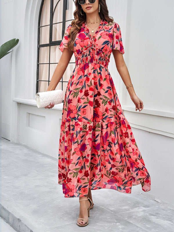 Floral Dresses- Floral V-Neck Midi Dress with Flared Sleeves & Smocked Waist- Pink- Chuzko Women Clothing