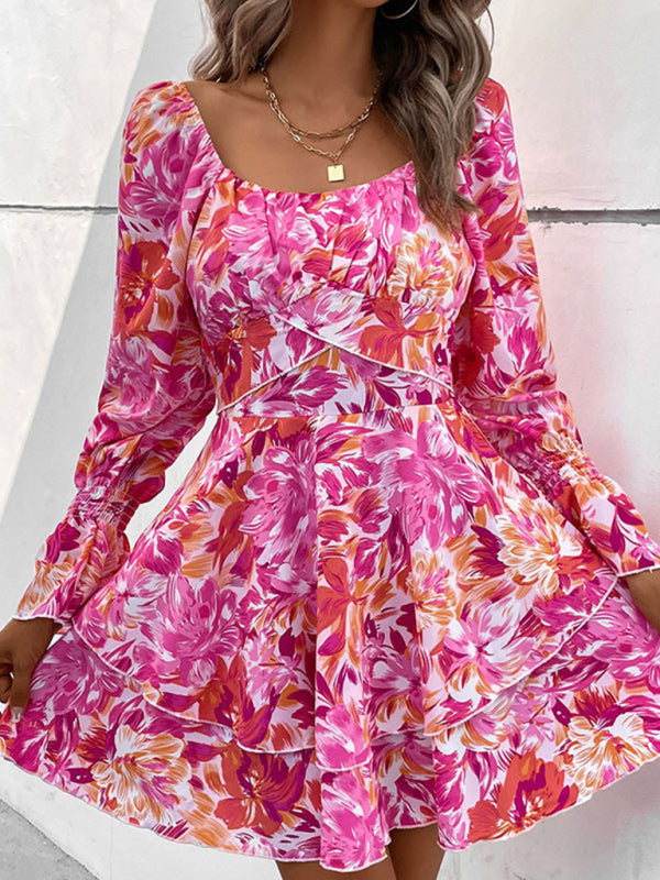 Floral Dresses- Women's Floral A-Line Mini Dress with Romantic Layers- Pink- Chuzko Women Clothing