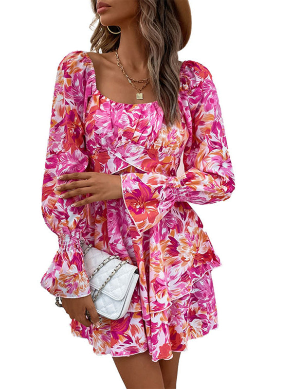 Floral Dresses- Women's Floral A-Line Mini Dress with Romantic Layers- - Chuzko Women Clothing