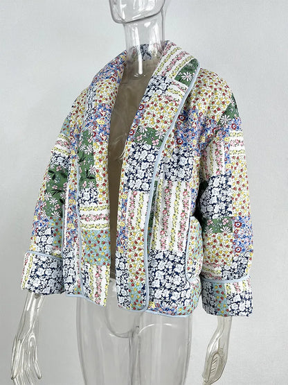 Abstract Print Contrast Binding Quilted Jacket