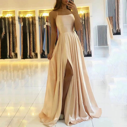 Gowns- Satin Backless Gown - Sweep Train Dress for Prom- - Chuzko Women Clothing