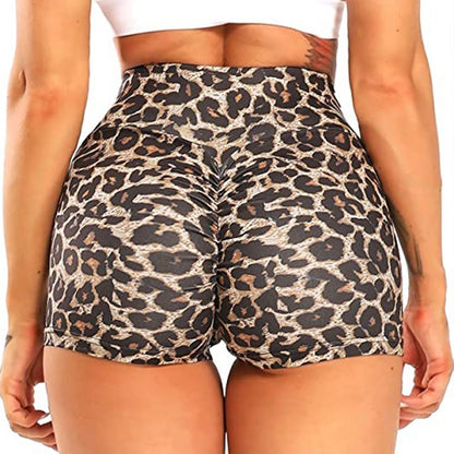 Gym Shorts- Peach Sporty Animal Print High Waisted Gym Shorts for Active Women- Leopard Print- Chuzko Women Clothing