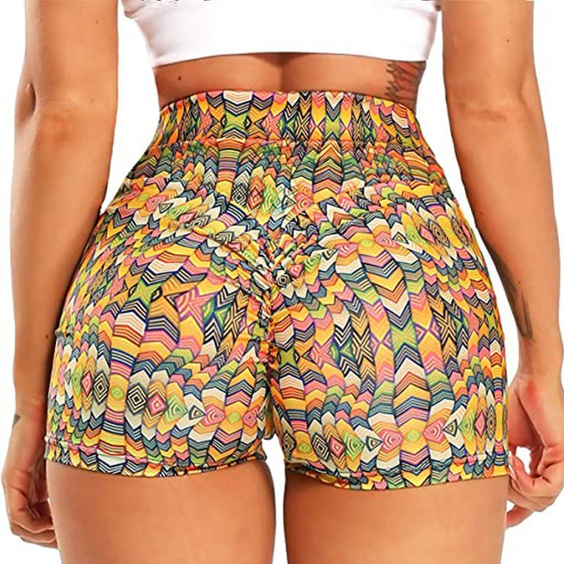 Gym Shorts- Peach Sporty Animal Print High Waisted Gym Shorts for Active Women- Printed Yellow- Chuzko Women Clothing