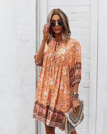 Women's Floral Neck Tie Loose Mini Dress Perfect for Any Occasion! Mini Dresses - Chuzko Women Clothing