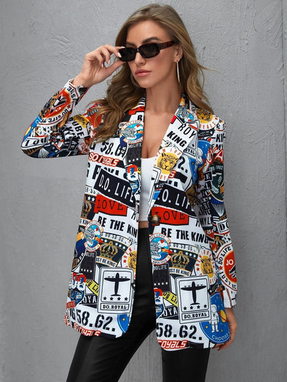 Trendy Graffiti Print Blazer - Single Breasted Jacket Blazers - Chuzko Women Clothing