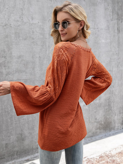 Elegant Lace Inlay V Neck Blouse: Casual Style, Long Bell Sleeves Top Tops - Chuzko Women Clothing