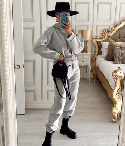 Solid Tracksuit Sweatpants and Crop Hoodie Tracksuits - Chuzko Women Clothing