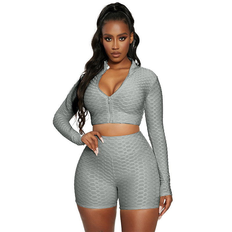 Textured Sporty Butt-Lifting Shorts + Zip-Up Long Sleeve Top Gym Outfits - Chuzko Women Clothing