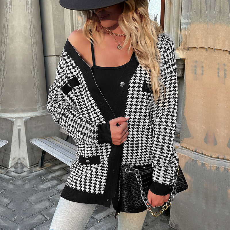 Houndstooth Button Down Cardigan: Loose Fit,  Drop Shoulders, Pockets Cardigans - Chuzko Women Clothing