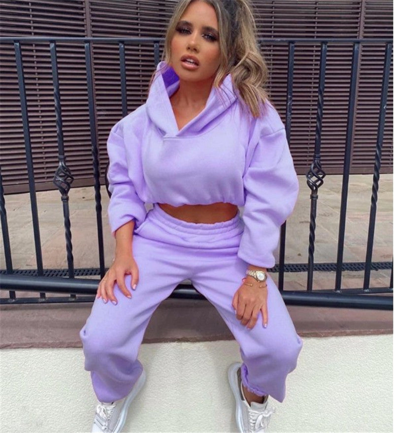 Solid Tracksuit Sweatpants and Crop Hoodie Tracksuits - Chuzko Women Clothing