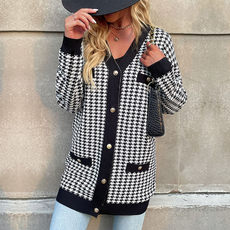 Houndstooth Button Down Cardigan: Loose Fit,  Drop Shoulders, Pockets Cardigans - Chuzko Women Clothing