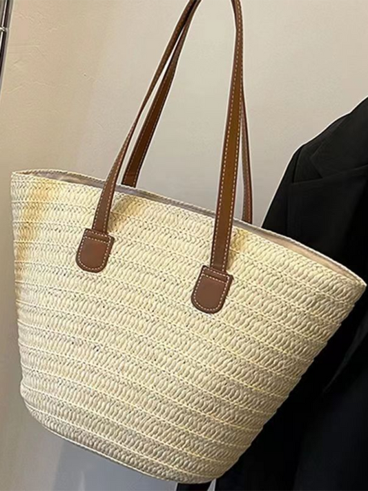 Handbags- Women's Essential Straw Beach Bag- Cream- Chuzko Women Clothing