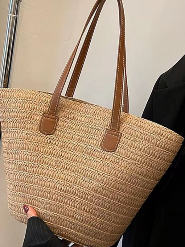 Handbags- Women's Essential Straw Beach Bag- Khaki- Chuzko Women Clothing