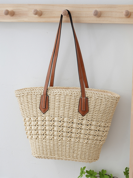 Handbags- Women's Straw Beach Bag for Summer Adventures- Cream- Chuzko Women Clothing