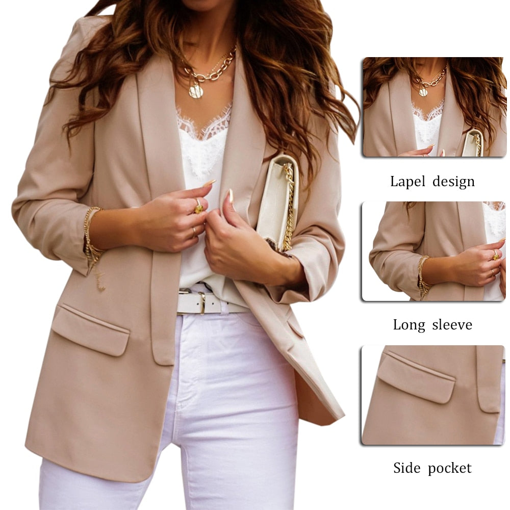 Women's Open Front  Shawl Lapels Blazer - Long Sleeves Pocketed Jacket Blazers - Chuzko Women Clothing