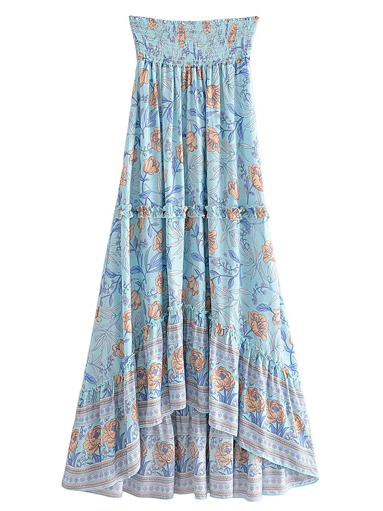 High-Low Skirts- Boho High-Low Floral Skirt- Sky Blue- Chuzko Women Clothing