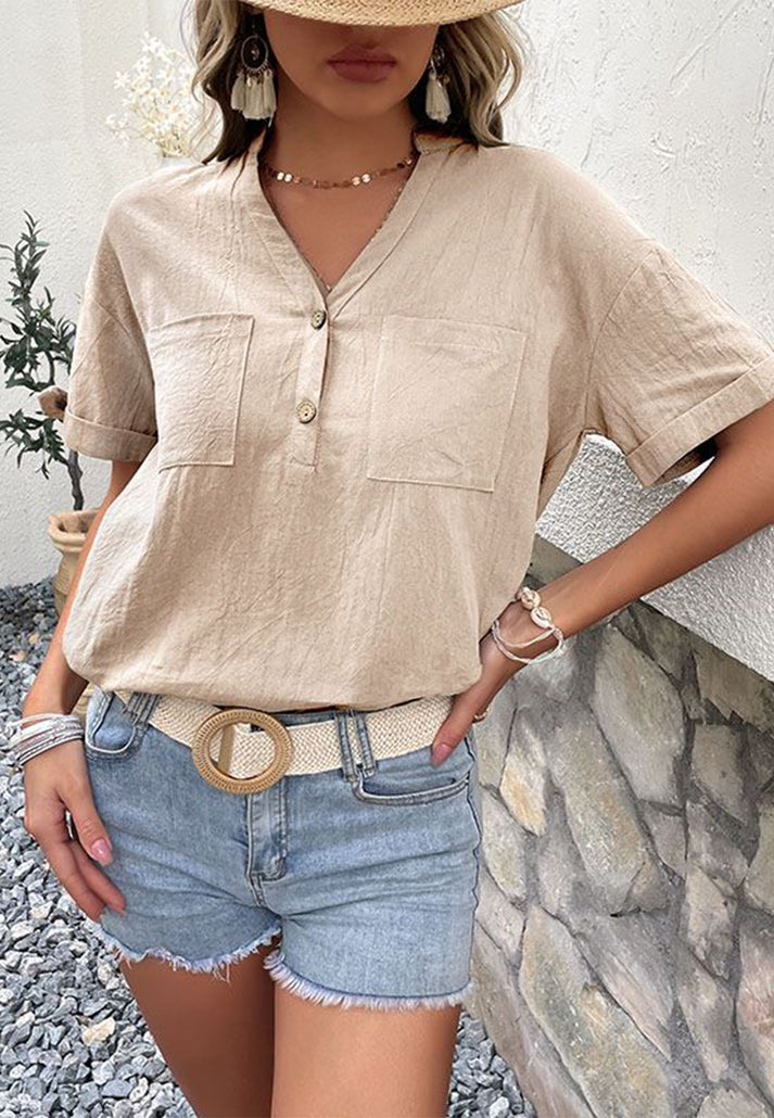 Women's Button Down Notch Neck Blouse - Pocketed, Bow Knot Sleeves Top Blouses - Chuzko Women Clothing