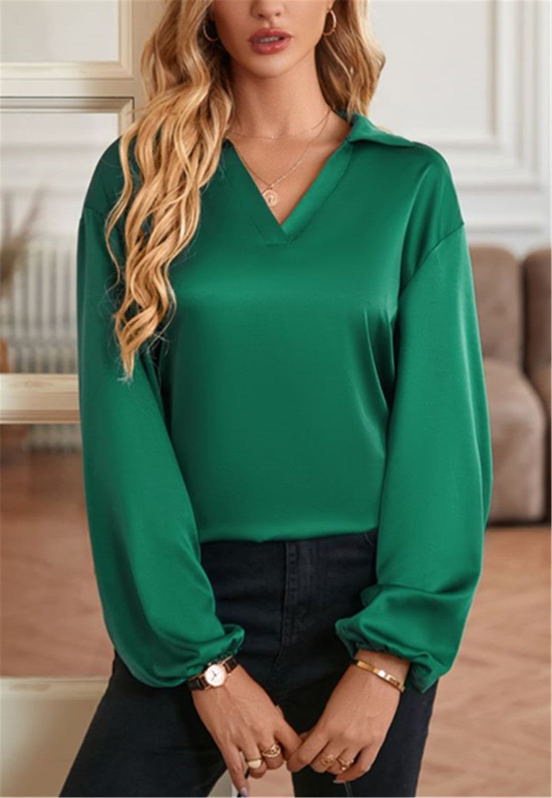 Long Sleeve Solid Silky Collar Blouse with Bowknot Open Back Elegant Tops - Chuzko Women Clothing
