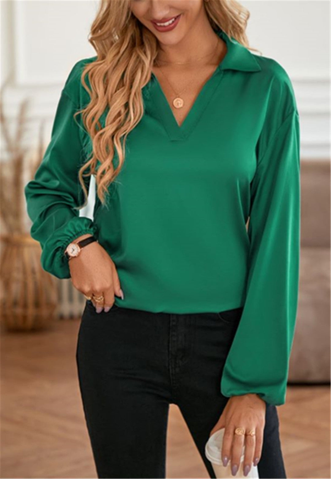 Long Sleeve Solid Silky Collar Blouse with Bowknot Open Back Elegant Tops - Chuzko Women Clothing