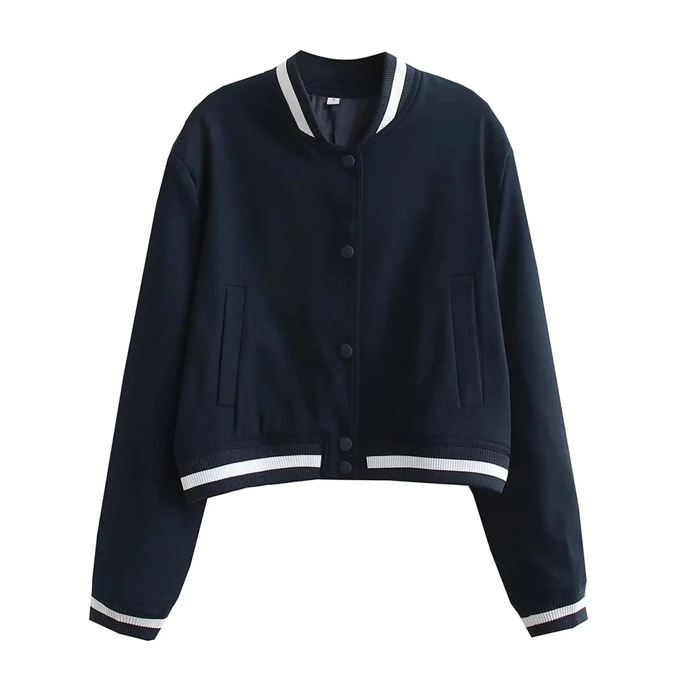 Jackets- Sporty Cropped Jacket for Women in Contrast Details- Navy- Chuzko Women Clothing