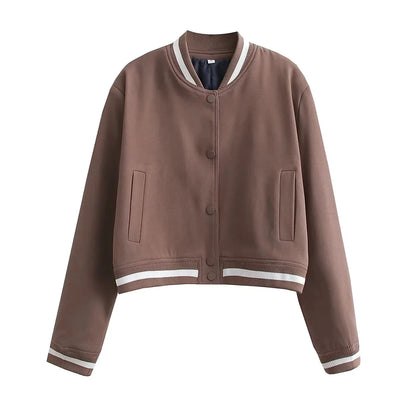 Jackets- Sporty Cropped Jacket for Women in Contrast Details- Brown- Chuzko Women Clothing