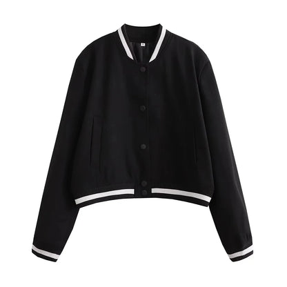 Jackets- Sporty Cropped Jacket for Women in Contrast Details- Black- Chuzko Women Clothing