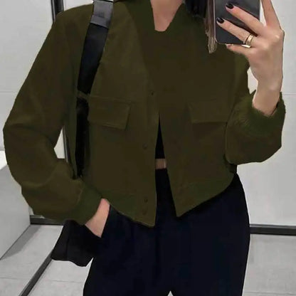 Jackets- Women Cropped Flap Jacket – Casual to Classy!- Army Green- Chuzko Women Clothing