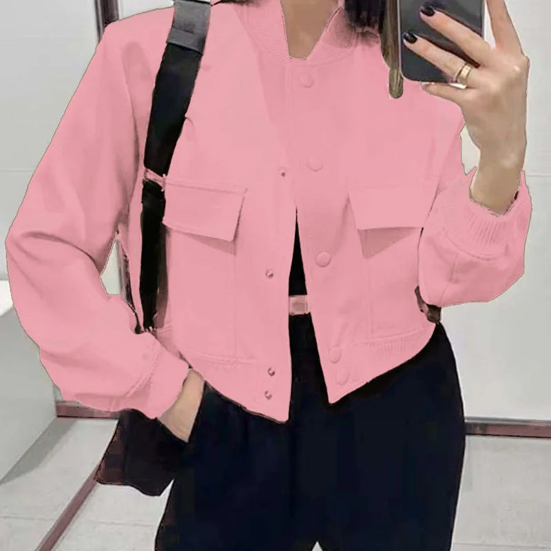 Jackets- Women Cropped Flap Jacket – Casual to Classy!- Pink- Chuzko Women Clothing