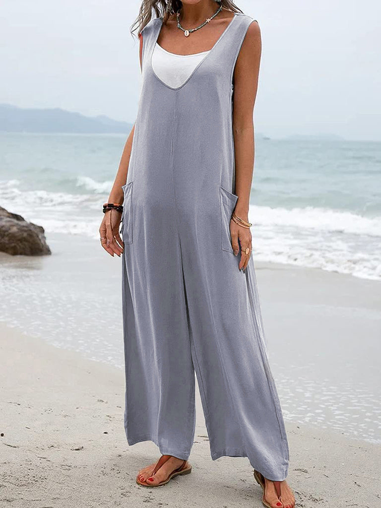 Relaxed Fit Cotton Pantsuits - Women's Casual Jumpsuit Overalls - Quality Cotton-Polyester Blend Jumpsuit - Chuzko Women Clothing