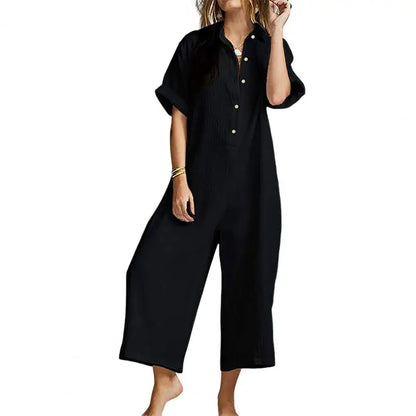 Jumpsuits- Baggy Button-Up Playsuit in Textured Cotton for Women - Loose-Fit Jumpsuit- Black- Chuzko Women Clothing