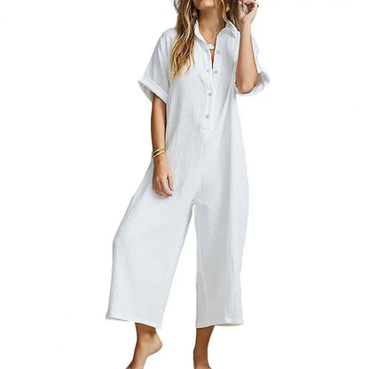 Jumpsuits- Baggy Button-Up Playsuit in Textured Cotton for Women - Loose-Fit Jumpsuit- White- Chuzko Women Clothing