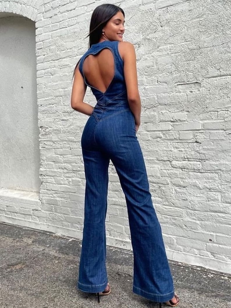 Denim Backless Heart Overalls - Palazzo Jumpsuits Pantsuits Jumpsuits - Chuzko Women Clothing