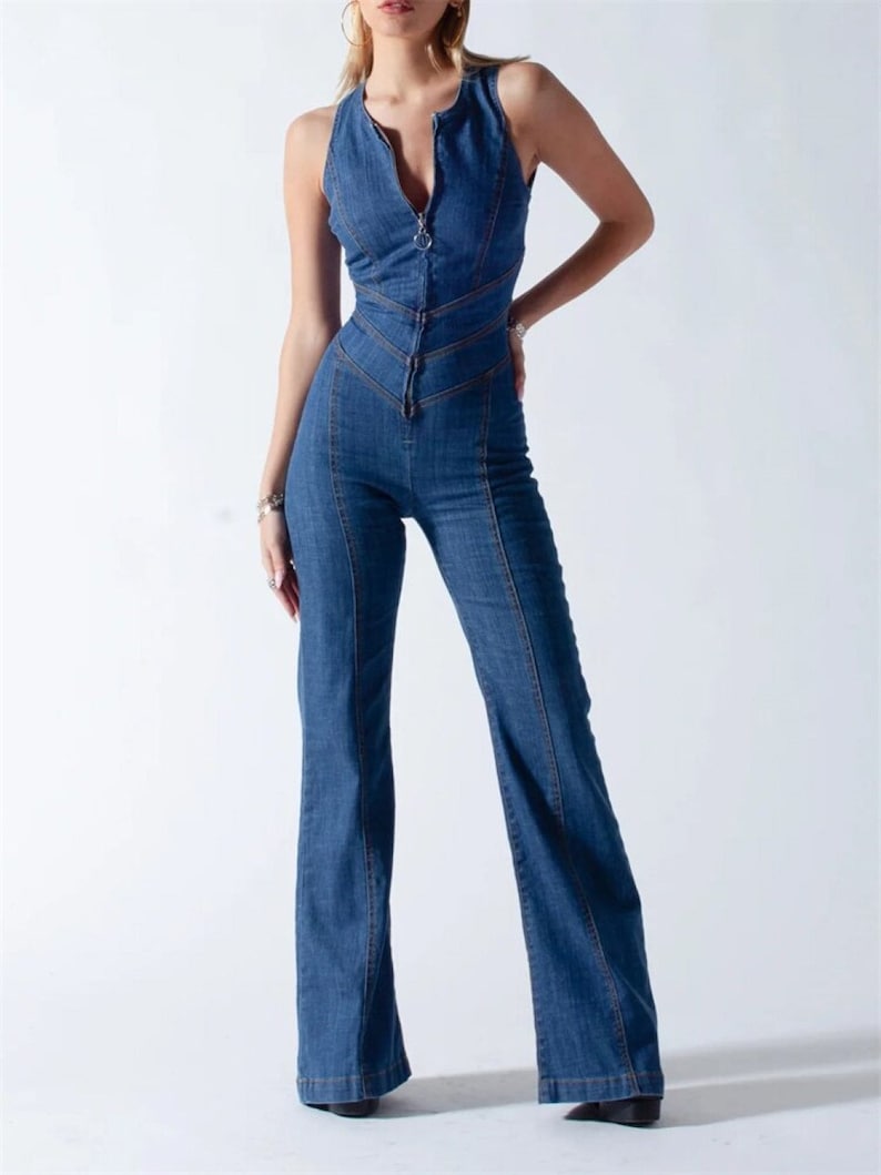 Denim Backless Heart Overalls - Palazzo Jumpsuits Pantsuits Jumpsuits - Chuzko Women Clothing