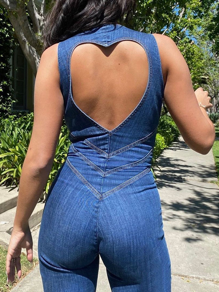 Denim Backless Heart Overalls - Palazzo Jumpsuits Pantsuits Jumpsuits - Chuzko Women Clothing