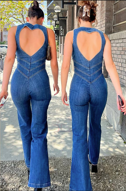 Denim Backless Heart Overalls - Palazzo Jumpsuits Pantsuits Jumpsuits - Chuzko Women Clothing